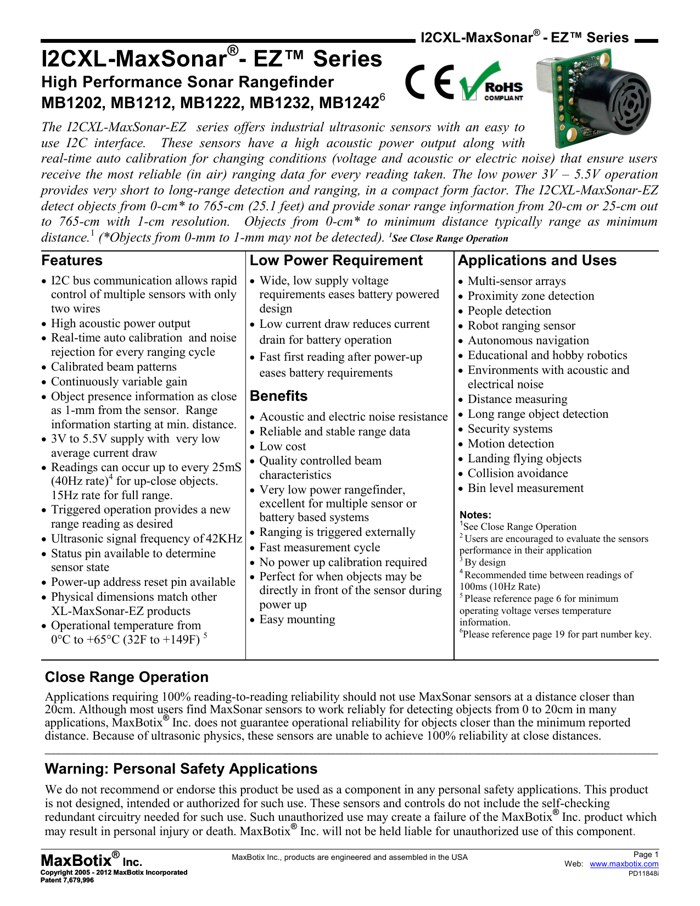 MaxBotix I2CXL-MaxSonar-EZ Datasheet — cover page